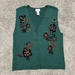 VTG Koret Petites Women’s S Green Floral Knit Sweater Vest Button Up Grannycore